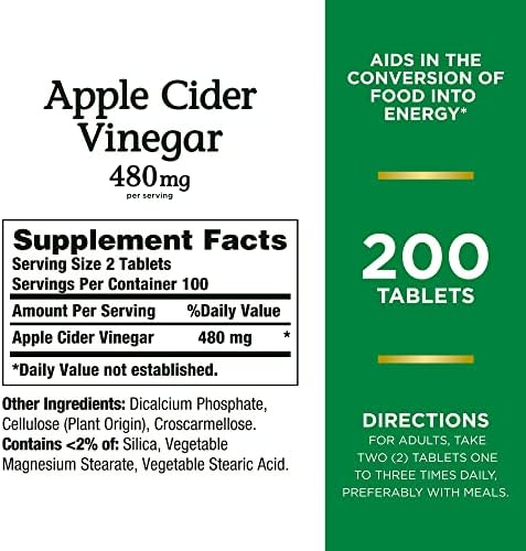 Nature's Bounty Apple Cider Vinegar 480mg Pills, Vegetarian Supplement Plant Based, 200 Tablets