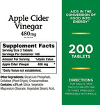 Nature's Bounty Apple Cider Vinegar 480mg Pills, Vegetarian Supplement Plant Based, 200 Tablets