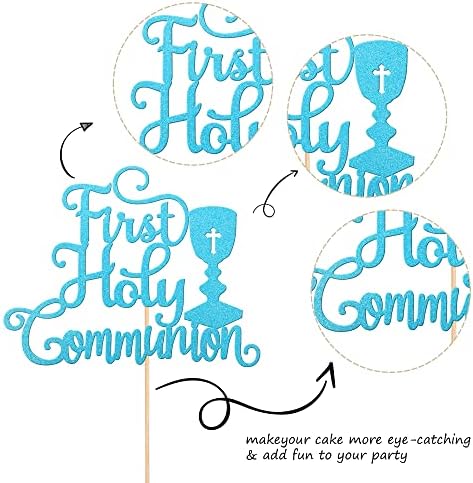 1 PCS First Holy Communion Cake Topper Glitter God Bless and Cross Cake Pick Baby Baptism Cake Decoration for First Communion Theme Baby Shower Birthday Party Decorations Supplies Blue