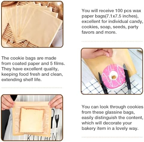 100 Pcs Bakery Bags with Window, 7.1 x 7.5 Inches Paper Sandwich & Donut Bags for Treat, Snack & Cookie Packaging (Brown)