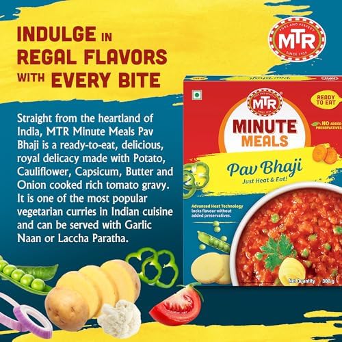 MTR - Pav Bhaji - Spiced Vegetable Gravy - Authentic Indian Ready-to-Eat Meal - Plant-Based, Delicious Microwaveable Meal - Quick & Easy Nutritious Indian Food - Suitable for Vegetarians (Pack of 6)