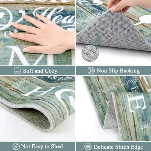 Vaukki Boho Kitchen Rug Sets 3 Pieces, Washable Kitchen Mats for Floor, Non Slip Soft Kitchen Area Rug Floor Mat for Kitchen, Laundry Room and Hallway (Teal and Brown, 20''x32''+20''x47''+20''x59'')