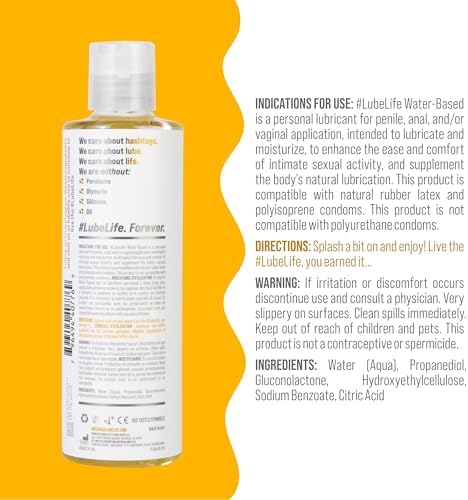 LubeLife Water-Based Lube – Personal Lubricant for Men, Women & Couples, Travel Size, Non-Staining, Easy Clean-Up, Toy-Safe, 8 Fl Oz