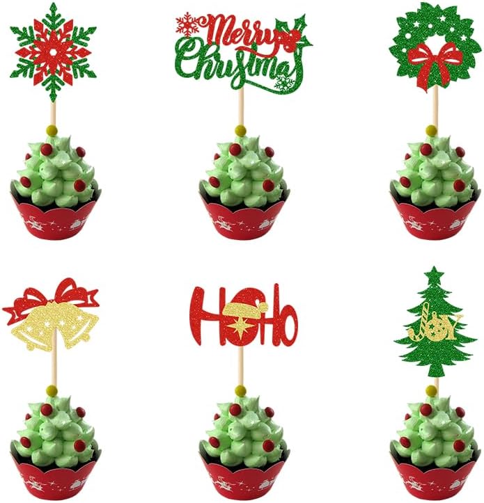 Merry Christmas Cupcake Toppers, 24 PCS Xmas Cake Decorations, Glitter Santa Claus Snowman Xmas Tree Cupcake Ficks Food Picks for Winter Xmas Holiday Party Decoration Supplies