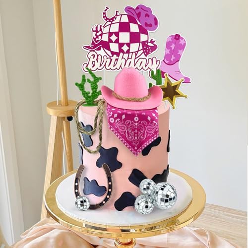 Cowgirl Birthday Cake Topper Cowgirl Hat Scarf Western Rodeo Theme Decoration for Birthday Baby Shower Western Theme Party Favors Supplies (Pink)