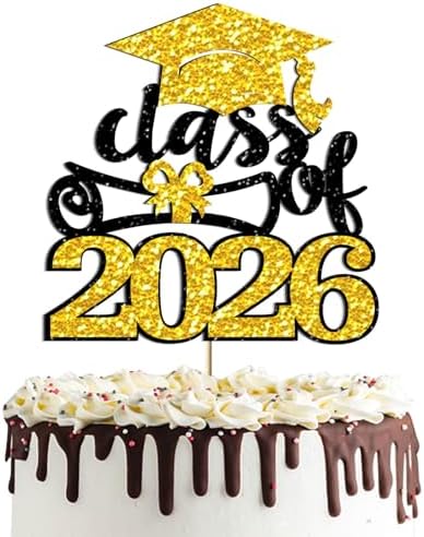 Black Gold Glittery Class of 2026 Cake Topper - Congrats Grad Senior High School/University Graduation/College/So Pround of You/2026 Graduation Party Cake Supplies Decorations