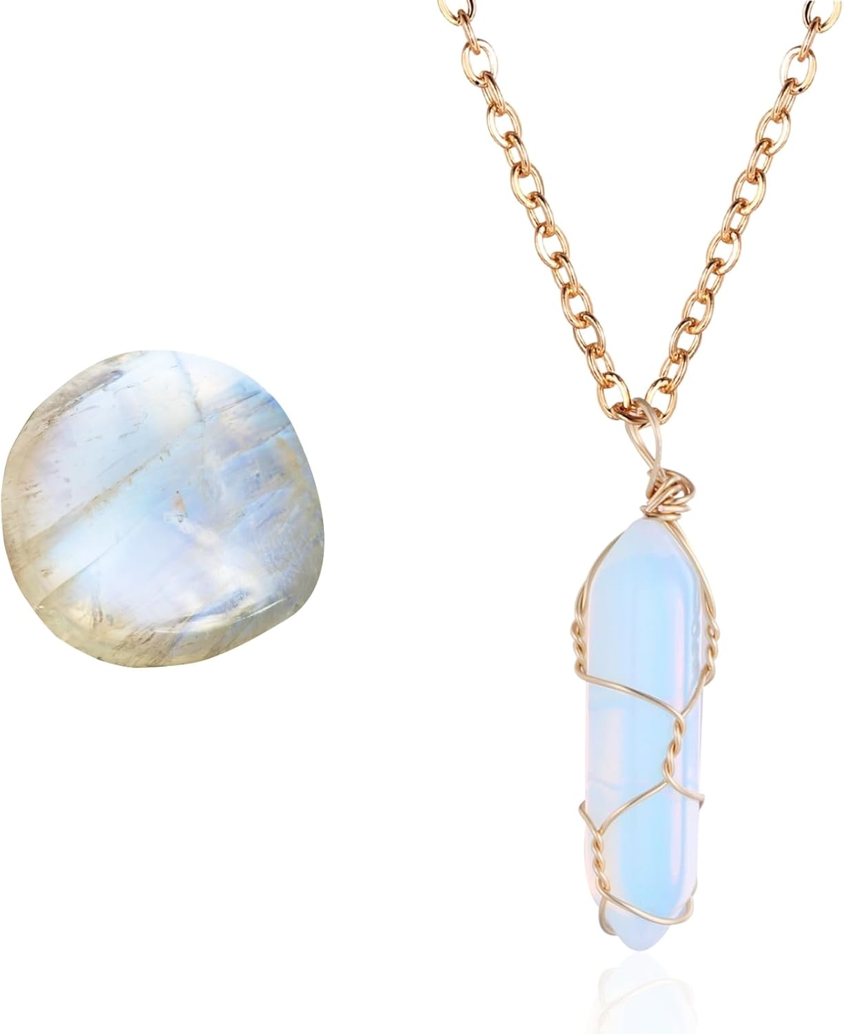 Halukakah Moonstone Necklace - LUNARLOVE - Handmade Platinum/18k Gold Plated Winding Tree of Life Wire, Natural Crystal Hexagonal Shape Pendant and 50cm Chain, Gift for Her