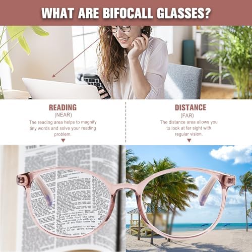 OPTOFENDY Bifocal Reading Glasses for Women, TR90 Round Clear Top Blue Light Computer Readers with Spring Hinge