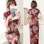 Women's Modern Cheongsam Maxi Dress Floral Print Short Sleeve Slim Fit Ankle Length Bodycon Qipao Tradtional Chinese Dress
