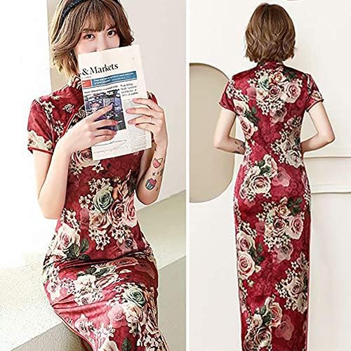 Women's Modern Cheongsam Maxi Dress Floral Print Short Sleeve Slim Fit Ankle Length Bodycon Qipao Tradtional Chinese Dress