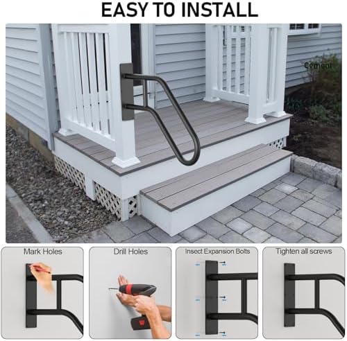 Handrails for Outdoor Steps,Stair Railing Indoor1-3 Step,Porch Railing & Deck Hand Rail Wall MountStair Hand Grab Bars,U-Shaped Safety Handrailsfor Kids, Elderly, Pregnant Women, Disabled