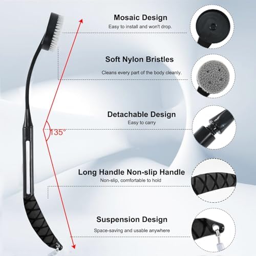 Back Scrubber for Shower,20.5" Bath Brush Long Handle for Shower for Deep Clean,Back Brush for Shower for Men Women(Black)