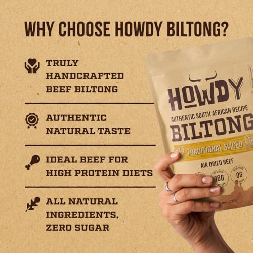 Howdysnax Handcrafted Authentic Small Batch Beef Biltong Traditional Slices 8oz. Sugar Free Paleo Keto Friendly High Protein Jerky Snack (8oz Packs)