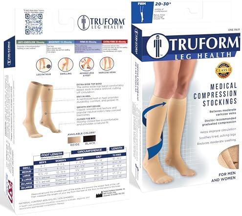 Truform 20-30 mmHg Compression Stockings for Men and Women, Knee High Length, Closed Toe, Beige, Medium