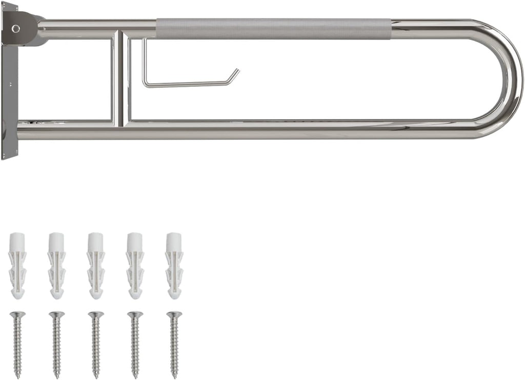 30 Inch Toilet Grab Bar, Fold Down Grab Bar with Paper Holder, Knurled Anti-Slip Grab Bars for Toilet, Stainless Steel Handrails Toilet for Seniors Disabled Elderly Pregnant, Polished Chrome