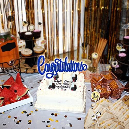 Congratulations Cake Topper, Congrats Grad/You Did It, 2026 Graduation/Wedding/Birthday/Anniversary/Retirement Celebration Party Decorations Supplies for Boy Girl, Blue Glitter