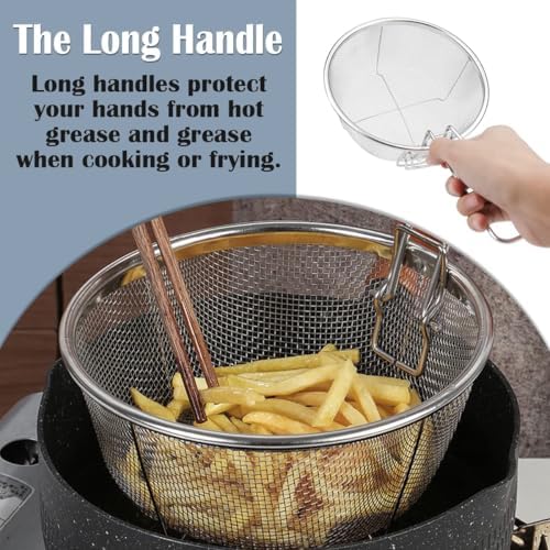 Stainless Steel Deep Fry Basket, 9inch Round Wire Fryer Basket for Frying Serving Food, French Chip Frying Basket with Folding Handle for Kitchen Frying (9Inch/Round)