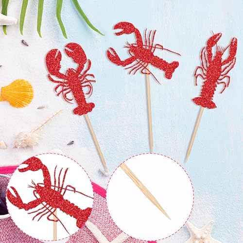 24 PCS Crawfish Cupcake Toppers Red Glitter Lobster Cupcake Picks Crawfish Party Decorations for Ocean Lobster Theme Let's Get Cray Carnival Baby Shower Birthday Party Cake Decorations Supplies
