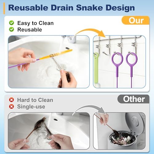 Drainsoon 35-Inch Metal Drain Snake Hair Clog Remover, Reusable Sink Snake Drain Hair Remover Tool, Flexible Break-Resistant Plumbing Snake Drain Cleaner for Shower, Bathtub, and Kitchen Sink (5 Pack)