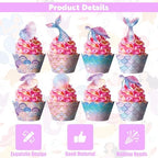 48 PCS Mermaid Cupcake Toppers and Wrappers, Mermaid Cupcake Liners, Glitter Ocean Theme Cake Toppers for Under The Sea Themed Birthday Baby Shower Party Decoration Supplies