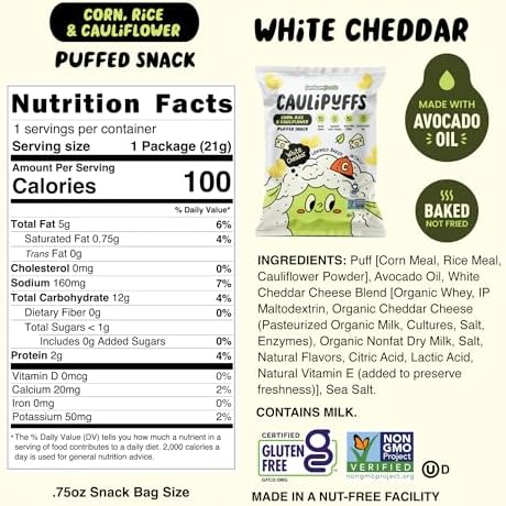 CauliPuffs - Corn, Rice, and Cauliflower Gluten Free Puffed Snack (15 x 0.75oz Bags, White Cheddar)