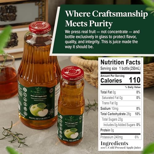 Pure Apple Juice, 8.4oz Glass Bottle (Pack of 12), Cold Pressed Juice, Not from Concentrate, Non-GMO, No Sugar Added, Gluten Free, Kosher Certified, Preservative Free