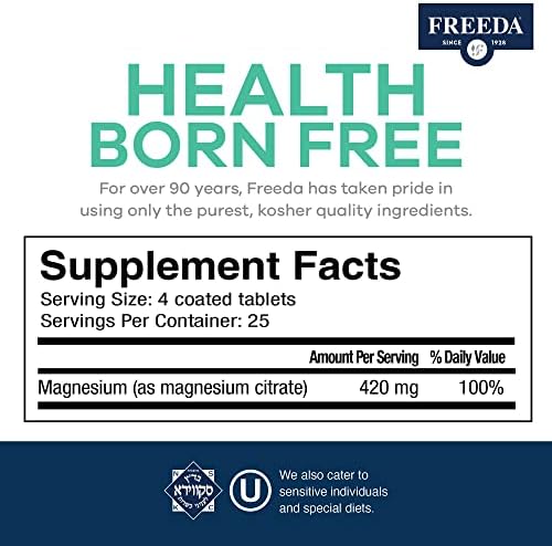 Freeda Magnesium Citrate 400 mg Coated Tablets – High Absorption Supplement for Muscle, Nerve & Relaxation Support – Vegan, Gluten-Free, Kosher – 100 Count