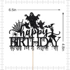 Halloween Happy Birthday Cake Topper,Spooky Haunted House Black Glitter Cake Supplies,Spider Bat Creepy Scary Halloween Themed Birthday Party Decorations for Kids/Adult