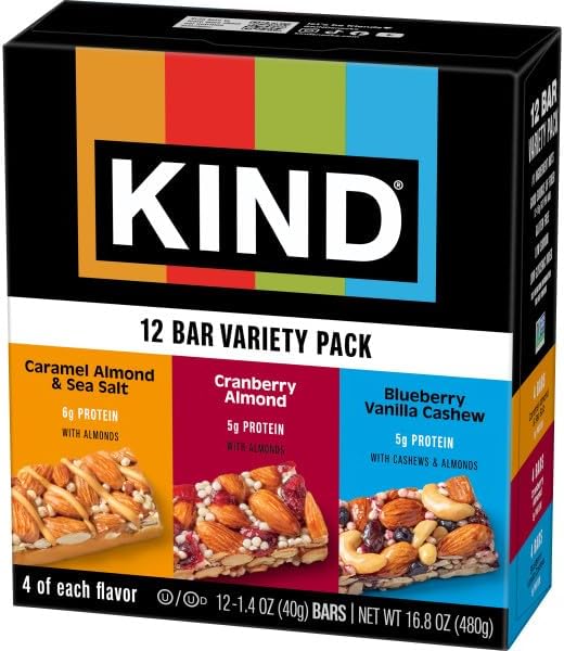 KIND Healthy Snack Bars Variety Pack, Blueberry Vanilla Cashew, Caramel Almond & Sea Salt, Cranberry Almond, Gluten Free, 12 Count