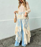 Women Sheer Mesh Long Kimono Cardigan Hobo Flowy Ruffle Lace Duster Robe Sexy Long Sleeve Tie Front Chiffon Cover Up