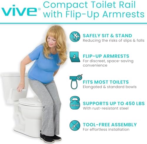 Vive Toilet Safety Rail with Flip-Up Handles - 450 lb Capacity Senior Safety Frame for Elderly & Disabled - Handicap Grab Bar Riser Stand Assist with Arms for Bathroom Assistance & Raised Toilets