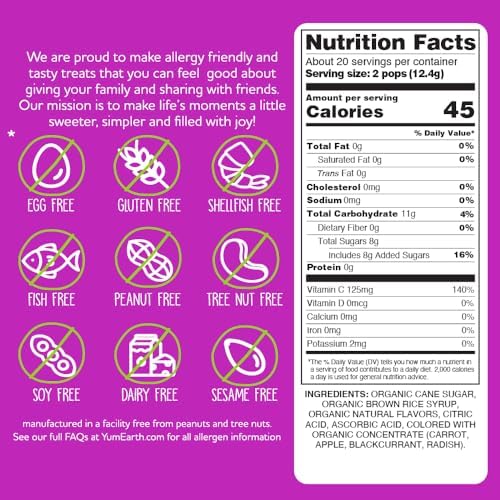 YumEarth Organic Vitamin C Pops Variety Pack, 40 Fruit Flavored Favorites Lollipops, Allergy Friendly, Gluten Free, Non-GMO, Vegan, No Artificial Dyes