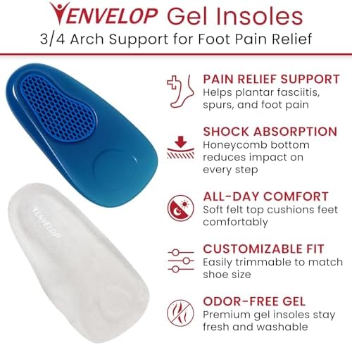 Envelop Gel Insoles for Men and Women - Shoe Heel Orthotics for Running, Hiking - Heel Cup Cushion Half Inserts - Reduce Foot Pain from Plantar Fasciitis, Spurs, Achilles and Arch Issues
