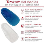 Envelop Gel Insoles for Men and Women - Shoe Heel Orthotics for Running, Hiking - Heel Cup Cushion Half Inserts - Reduce Foot Pain from Plantar Fasciitis, Spurs, Achilles and Arch Issues