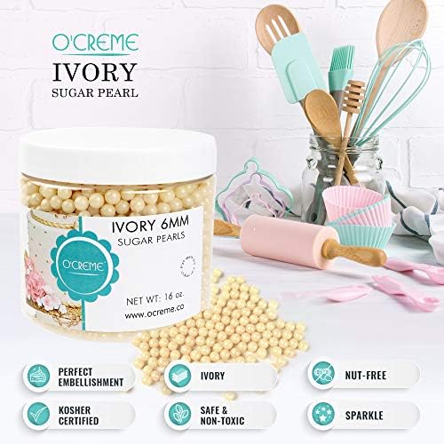 O'Creme Ivory Edible Sugar Pearls Cake Decorating Supplies for Bakers: Cookie, Cupcake & Icing Toppings, Beads Sprinkles For Baking, Certified, Candy Sugar Ball Accents (6mm, 8 Oz)