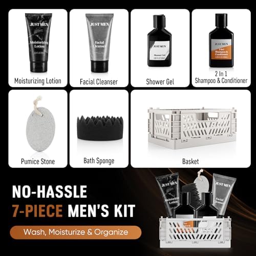 Gift Baskets for Men - 7 Pcs Mens Body Wash & Skin Care Kit | All-in-One Grooming & Bath Gift Set with Cedrus Atlantica Scent | Birthday Gifts for Men, Husband, Boyfriend, Brother, Father