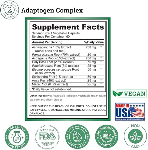 Adaptogen Complex Calmness, Energy and Vitality Booster - Ashwagandha, Schisandra, Astragalus, Ginseng, Rhodiola, and More - Adrenal Support Supplements - 60 Ct