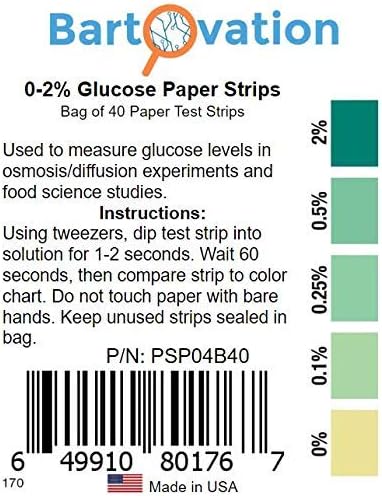 Scientific Glucose Test Paper Strips 0-2% [Bag of 40 Paper Strips] for Food Science or Osmosis/Diffusion Experiments