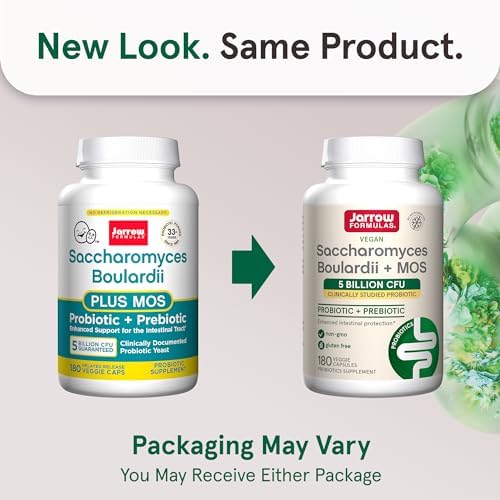 Jarrow Formulas Saccharomyces Boulardii + MOS Probiotics for Digestive Health and Intestinal Tract Support - 5 Billion CFU Per Serving - 180 Delayed Release Caps - Probiotic + Prebiotic - 180 Servings