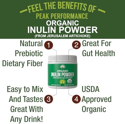 Peak Performance Organic Inulin Powder Natural Prebiotic Fiber for Gut Health. USDA Organic Raw Plant Based Vegan Prebiotics FOS Supplement from Jerusalem Artichoke