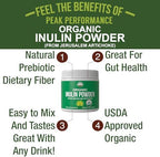 Peak Performance Organic Inulin Powder Natural Prebiotic Fiber for Gut Health. USDA Organic Raw Plant Based Vegan Prebiotics FOS Supplement from Jerusalem Artichoke
