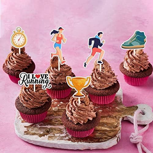 Running Cupcake Toppers, Track, Cross Country or Marathon Party Birthday Party Clear Treat Picks, Sports Theme Party Cake Decoration.Rainbow Glitter Set of 18