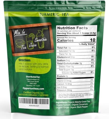 Opportuniteas Organic Turmeric Tea Powder - Matcha Green Tea, Turmeric, Cinnamon, Ginger, Black Pepper - Natural Joint Support - Vegan & Non-GMO - 30 Servings