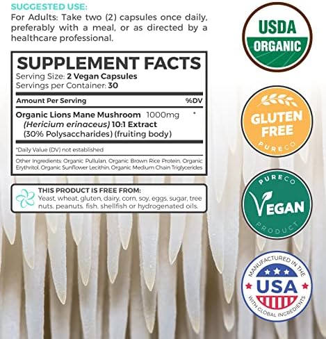 PURE CO Organic Lions Mane Supplement Capsules - USDA Organic Mushroom Supplement Capsules with 1000mg Lion's Mane 10:1 Extract per Serving with 30% Polysaccharides - Vegan & Non-GMO (1 Month Supply)