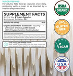 PURE CO Organic Lions Mane Supplement Capsules - USDA Organic Mushroom Supplement Capsules with 1000mg Lion's Mane 10:1 Extract per Serving with 30% Polysaccharides - Vegan & Non-GMO (1 Month Supply)