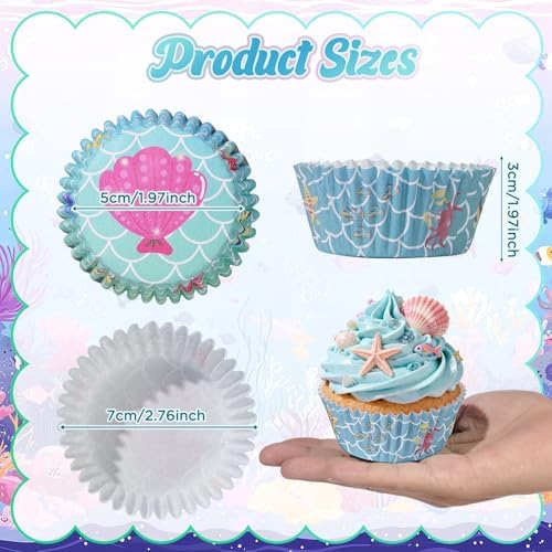 200PCS Ocean Animal Cupcake Liners Mermaid Scales Seahorse Shell Starfish Baking Cups Muffin Wrappers for Mermaid/Under the Sea/Summer Beach Wedding Baby Shower Birthday Party Cake Decor