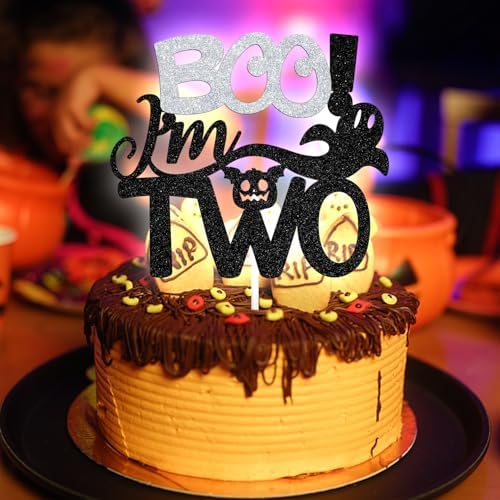 Boo I'm Two Cake Topper, The Spooky Two/Baby Boo, Halloween Themed Baby's 2nd/Baby Shower Party Decorations Supplies, Black Glitter