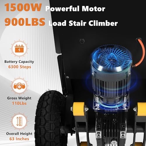 Electric Stair Climbing Dolly 1500W Heavy Duty Powered Stair Climber Hand Truck with 10" Anti-Slip Tires, Powered Stair Climbing Cart for Appliances, Furniture & Warehouse Moving (900 lbs Capacity)
