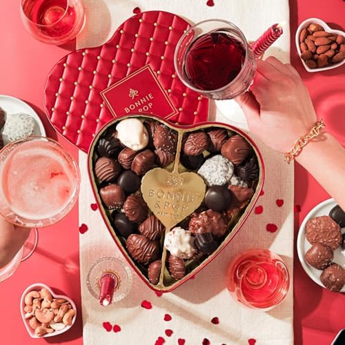 Chocolate Gift Basket | Heart Shaped Gift Present for Her, Him, Mom, Wife, Spouse, Romance with Assorted Milk Chocolate Truffles | Bonnie and Pop