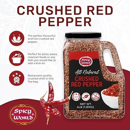 Crushed Red Pepper Flakes 4 LB Bulk Jar (64 Oz) - All Natural, Pure, Chilli Flakes Hot Pepper, Great on Pasta and Pizza by Spicy World - Can Also Be Used For Yards, Backyard Protection, Chicken Protection